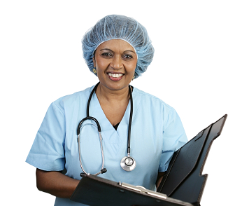 physician dressed in blue scrubs holding a chart